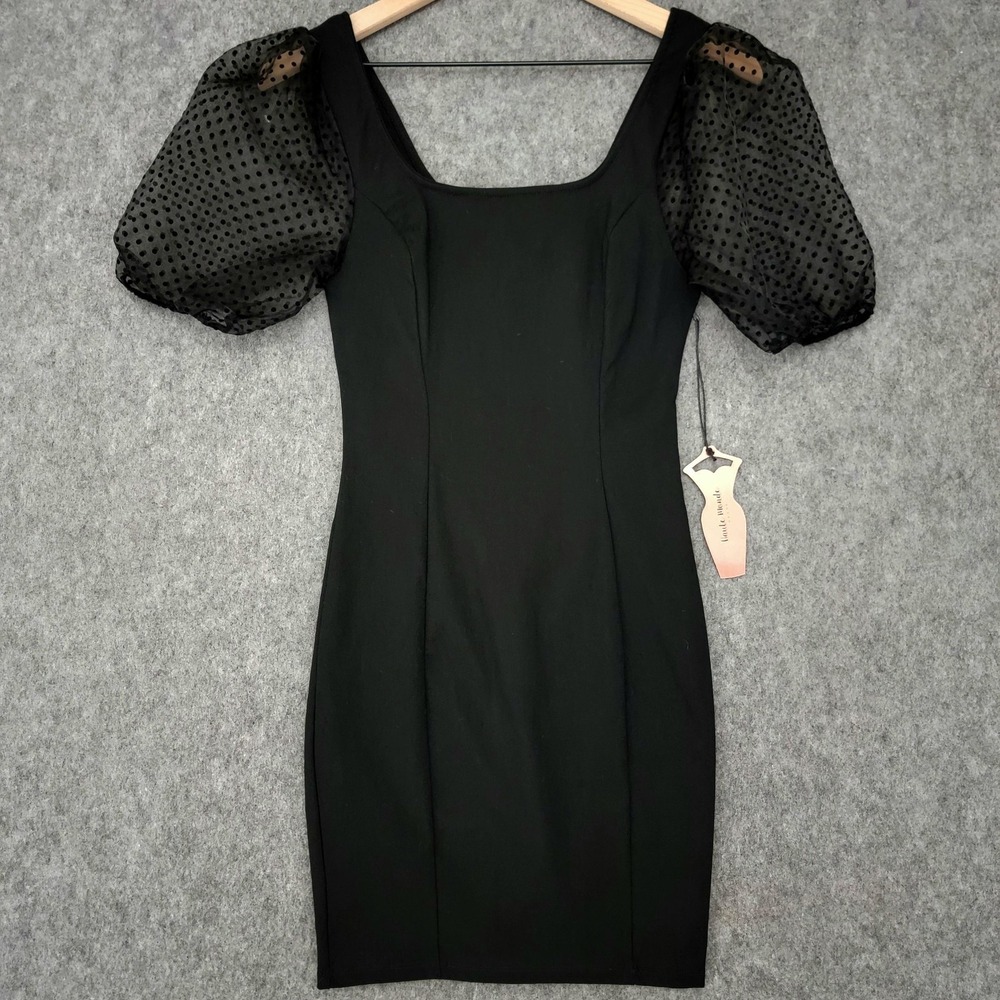 Haute Monde Dress Womens M Black Swiss Dot Puff Sleeve Bodycon Mini - Picture 1 of 12